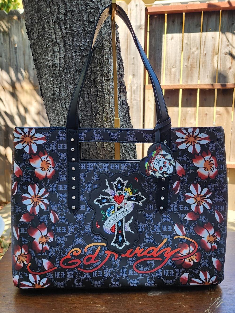 Vtg Ed Hardy Tattoo Print Tote Bag - Floral Skull Cross Graphic Shoulder BagNWOT
